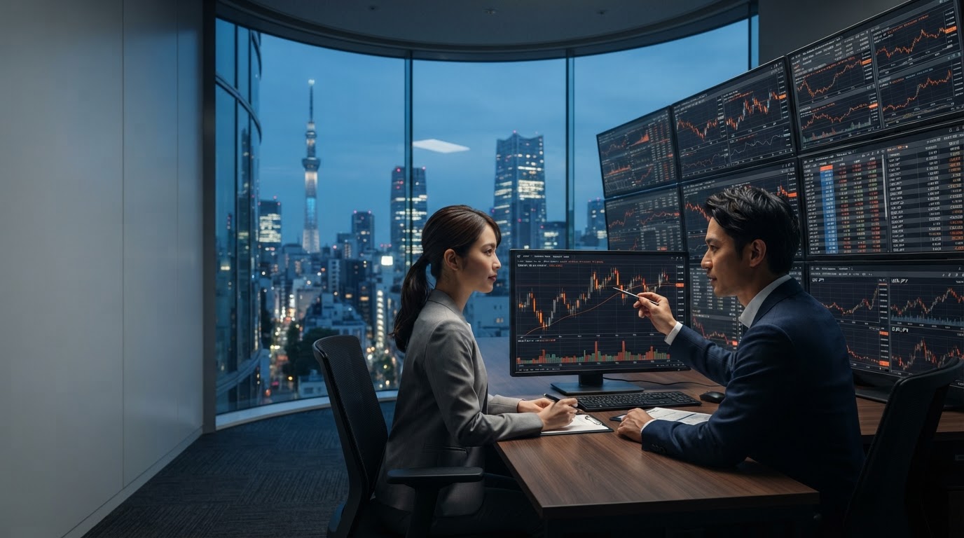 JP JFX data terminal visualizing real-time crypto market analysis